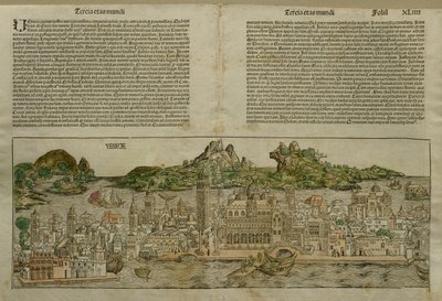 Näkymä Venetsiaan, kuvitus Nürnbergissä 1493 julkaistusta Hartmann Schedelin (1440-1514) Liber Chronicarumista tekijältä German School