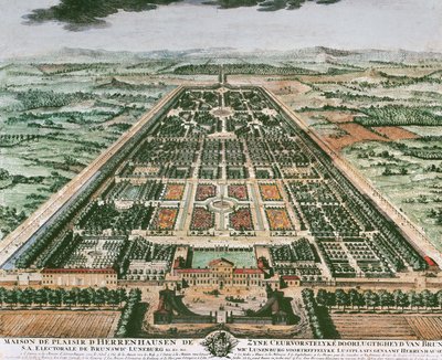 Näkymä Herrenhausenin linnan puutarhaan, noin 1708, väripainatus, Saksa tekijältä German School