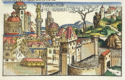 Näkymä Babylonin muinaisesta kaupungista, Hartmann Schedelin (1440-1514) Nürnbergin kronikasta 1493 tekijältä German School