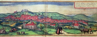 Näkymä Burgosin kaupunkiin Georg Braunin toimittamasta ja Franz Hogenbergin kaivertamasta teoksesta "Civites Orbis Terrarum" tekijältä German School