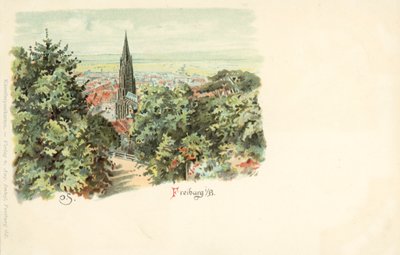 Näkymä Freiburgin kaupunkiin Saksassa ja sen katedraalille (chromolitho) tekijältä German School