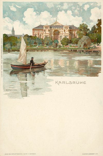 Näkymä Karlsruhen kaupunkiin Saksassa (chromolitho) tekijältä German School