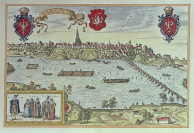 Näkymä Varsovan kaupunkiin Veiksel-joen rannalla, "Old European City Scenes" -kuvasta (kaiverrus) tekijältä German School