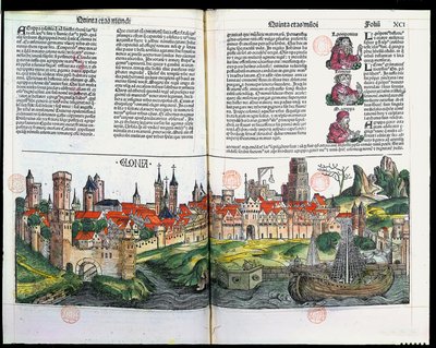 Näkymä Kölnin kaupunkiin, Hartmann Schedelin Nürnbergin kronikasta, 1493 (väripuukaiverrus) tekijältä German School