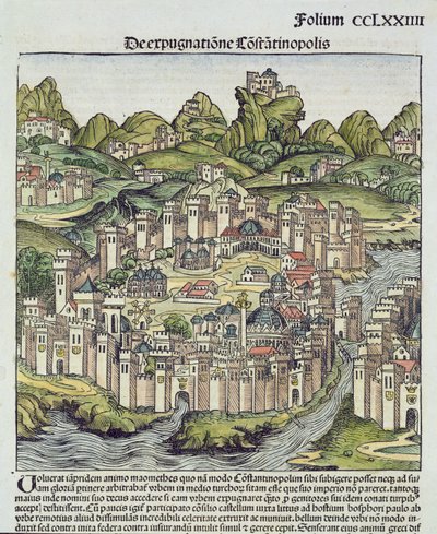 Näkymä muurien ympäröimään Konstantinopolin kaupunkiin, Hartmann Schedelin (1440-1514) Nürnbergin kronikasta 1493 (puupalikka) tekijältä German School