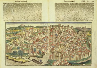 Näkymä Firenzen muurien ympäröimään kaupunkiin, Hartmann Schedelin (1440-1514) Nürnbergin kronikasta 1493 tekijältä German School