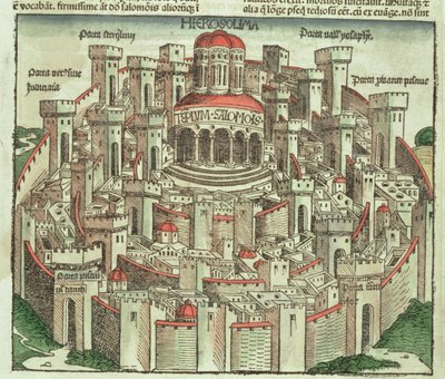 Näkymä muurien ympäröimään Jerusalemin kaupunkiin, jossa näkyy Salomonin temppeli ja kaupungin portit, Hartmann Schedelin (1440-1514) Nürnbergin kronikasta 1493 tekijältä German School