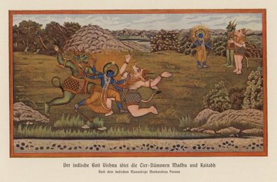 Vishnu tappaa demonit Madhun ja Kaitaban (värilito). tekijältä German School