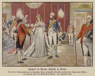 Preussin kruununprinssi Frederick Williamin ja Mecklenburg-Strelitzin prinsessa Louisen häät Berliinin kuninkaallisessa palatsissa 24. joulukuuta 1793 (värilitho) tekijältä German School