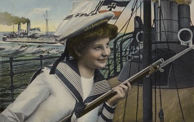 Nainen saksalaisen Braunschweig-taistelulaivan merimiehen univormussa (väri litho) tekijältä German School