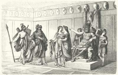 Wotan vastaanottaa runouden ja laulun jumalan Bragin esittelemät muusikot (kaiverrus) tekijältä German School