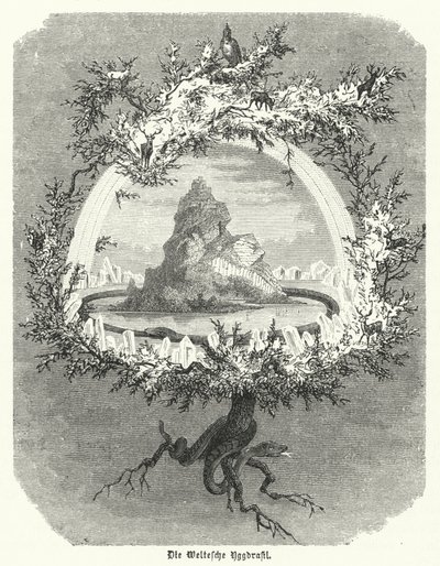 Yggdrasil, pohjoismaisen kosmologian myyttinen saarni (kaiverrus) tekijältä German School