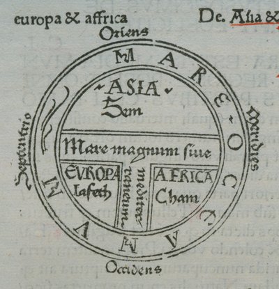 f.177v T-in-O kartta, kohopainopaikannimiä, Isidore of Sevilla, Liber Etimologiarvm tekijältä German School