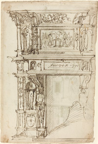 Revestiment de la xemeneia palatina amb una escena de sacrifici antic [recto]finlandès tekijältä German or Austrian 16th Century