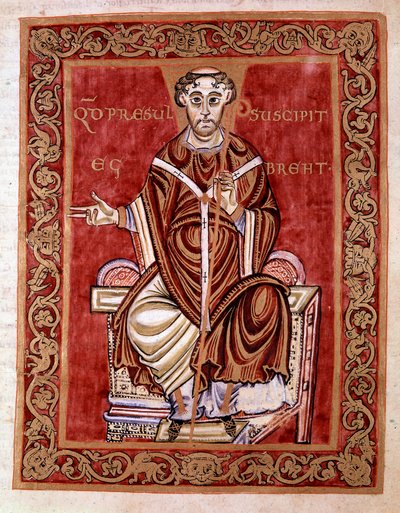 Eveque Egbert de Treves saa psalterin munkki Rudprechtin käsistä (ei esitetä tässä) - Reichenaun koulun Egbertin koodeksin (Codex Egberti) pienoismalli, 980 - Cividale del friuli, museo archeologico tai Cathedrale de Civid tekijältä German School