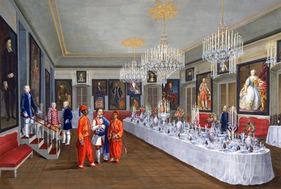 Ruokasali, jossa sarja muotokuvia Habsburgien keisareista, maalaus Josef Kiss, Villa Lazarovich, Triesten asuinpaikka Maximilian of Habsburg (1832-1867), tempera Germano Prosdocimi tekijältä Germano Prosdocimi