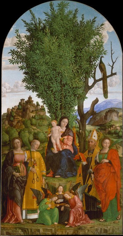Madonna ja lapsi pyhien kanssa, n. 1520 tekijältä Gerolamo dai Libri