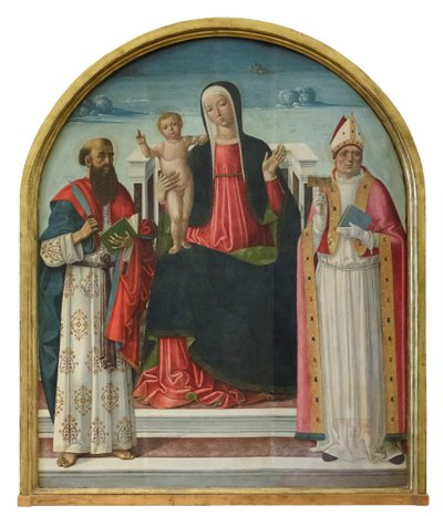 Madonna ja lapsi pyhimysten Bartolomeuksen ja Blaisen kanssa, noin 1510-15 (paneeli). tekijältä Gerolamo di Benvenuto