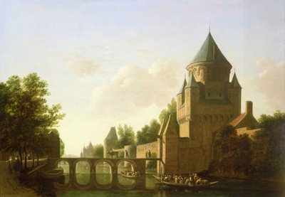Iltanäkymä Kleine Houtpoortista Haarlemissa (paneeli) tekijältä Gerrit Adriaensz Berckheyde