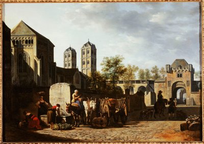 Ranska: Fontaine publique et église Saint-Géréon à Cologne (julkinen kirkko ja kirkko Saint-Géréon Kölnissä) tekijältä Gerrit Adriaenszoon Berckheyde