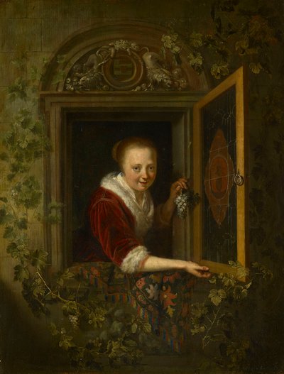 Tyttö, jolla on rypäleitä ikkunan ääressä tekijältä Gerrit Dou