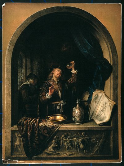 Lääkäri tutkii iäkkään naisen virtsanäytettä. tekijältä Gerrit Dou