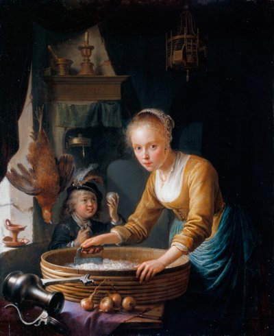 Tyttö pilkkoo sipulia tekijältä Gerrit Dou