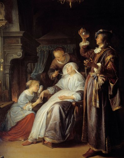 Hydraulinen nainen. Lääkäri tutkii vesitautia sairastavan naisen virtsan. Yksityiskohta. Gerard Doun (1613-1675) maalaus tekijältä Gerrit Dou
