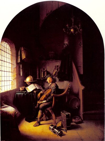 Nuori viulisti istuu työhuoneessaan tekijältä Gerrit Dou