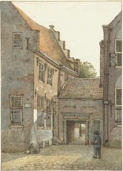 Näkymä latinalaisen koulun, St. Hieronymus Schoolin, sisäänkäynnistä Kromme Nieuwegrachtilla Utrechtissa tekijältä Gerrit Lamberts