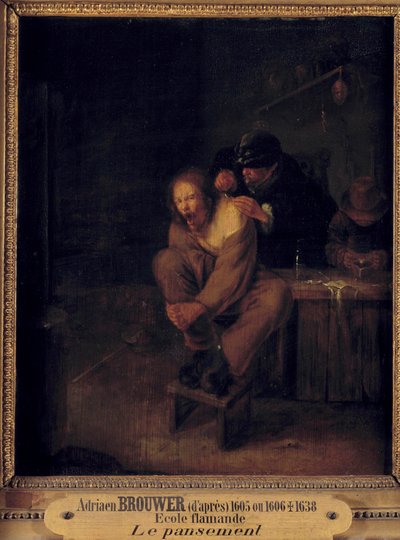 Leikkaus (tai sidos) Potilasta hoitava kirurgi. Gerrit Lundensin (1622-1683) maalaus Adriaen Brouwerin (1605/1606-1638) mukaan. 17. vuosisata. Himmeä. 0,32x0,28 m. tekijältä Gerrit Lundens