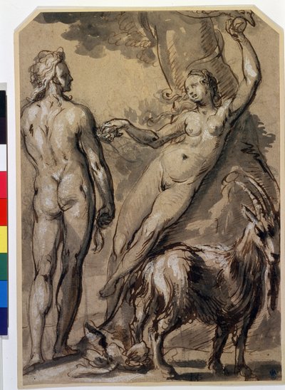 ""Aadam ja Eeva"" Eeva poimii kiellettyä hedelmää ja luovuttaa sen Aadamille. Kynäpiirustus Gerrit Pietersz (1566-noin 1616) 1590-luvun loppu. Pushkin-museo, Moskova tekijältä Gerrit Pietersz