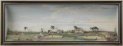 Dioraama Zeezigtin kahvi- ja puuvillaviljelmästä Surinamessa, n.1815-21 puu ja maalattu paperi. tekijältä Gerrit Schouten