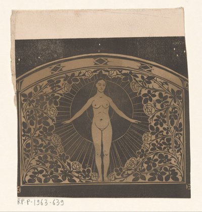 Suunnittelu vuoden 1901 kalenterin kehyksiin, jossa on nainen ja kukkia tekijältä Gerrit Willem Dijsselhof
