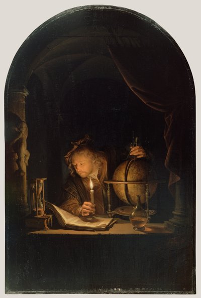 Astronomer by Candlelight, n. 1650 (öljy paneelissa) tekijältä Gerrit Dou