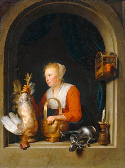 Femme accrochant un coq à sa fenetre, dit aussi La Menagère hollandaise - Nainen, joka ripustaa kukon ikkunaansa, kutsutaan myös hollantilaiseksi kotiäidiksi ... tekijältä Gerrit or Gerard Dou