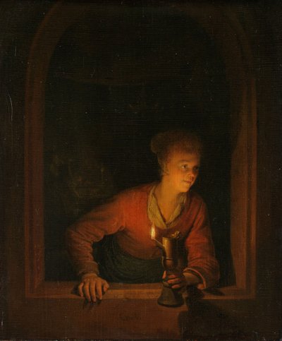 Tyttö öljylampun kanssa ikkunan ääressä, 1645-75 tekijältä Gerrit Dou