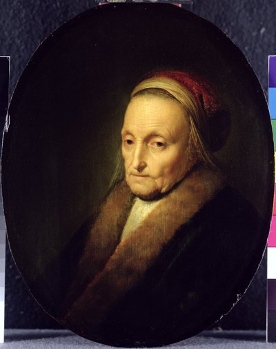 Vanhan naisen pää, jolla on turkispanta, vuoden 1630 jälkeen tekijältä Gerrit Dou