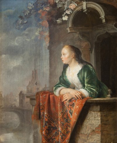 Nuori nainen parvekkeella - Nuori nainen parvekkeella - Gerard (Gerrit) Dou (1613-1675). Öljy kankaalle, n. 1665. Kansallisgalleria, Praha tekijältä Gerrit Dou