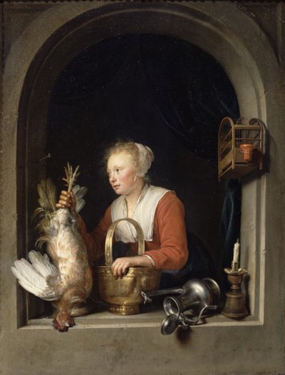 Hollantilainen kotirouva tai Nainen ripustamassa kukkoa ikkunaan, 1650 tekijältä Gerrit Dou
