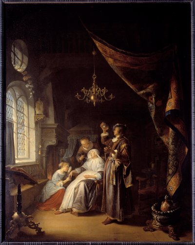 Hydraulinen nainen. Lääkäri tutkii vesitautia sairastavan naisen virtsan. Gerard Doun (1613-1675) maalaus Ec. Hol tekijältä Gerrit Dou