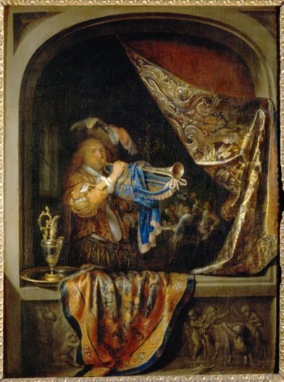 Trumpetisti, taustalla juhla ... tekijältä Gerrit or Gerard Dou