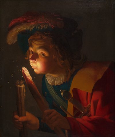 Poika, joka puhaltaa tulessa tekijältä Gerrit van Honthorst