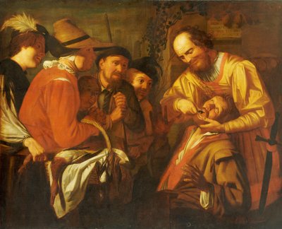 Hammaslääkäri poistamassa hammasta ja joukko katsojia katselemassa lähistöllä tekijältä Gerrit van Honthorst