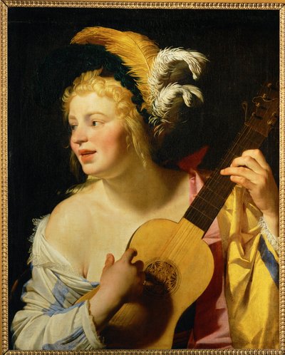 Femme jouant de la guitare - Nainen soittaa kitaraa ... tekijältä Gerrit van Honthorst