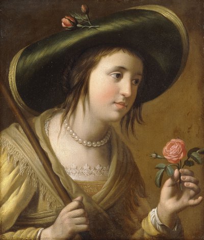 Prinsessa Elizabeth II van de Paltsin muotokuva paimentyttärenä, rinnan mittainen, kädessään ruusu, tekijältä Gerrit van Honthorst