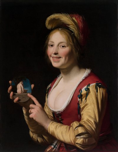 Hymyilevä tyttö, kurtisaani, jolla on säädytön kuva tekijältä Gerrit van Honthorst