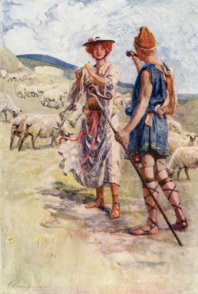 Calidore ja Pastorella (väri litho) tekijältä Gertrude E. Demain (after) Hammond