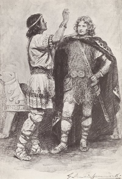 Kuvitus teokseen The Story of Hereward, The Champion of England (litografia). tekijältä Gertrude E. Demain (after) Hammond