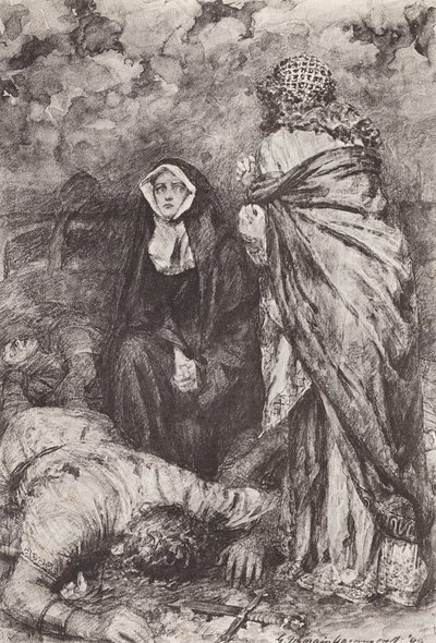 Kuvitus teokseen The Story of Hereward, The Champion of England (litografia). tekijältä Gertrude E. Demain (after) Hammond